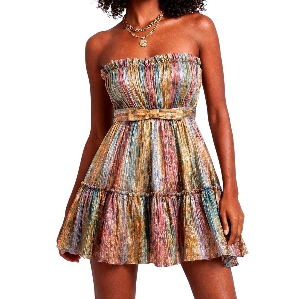 $288 Metallic Pleated Strapless Party Dress Belted Prom Bridesmaid Size L NWT‎